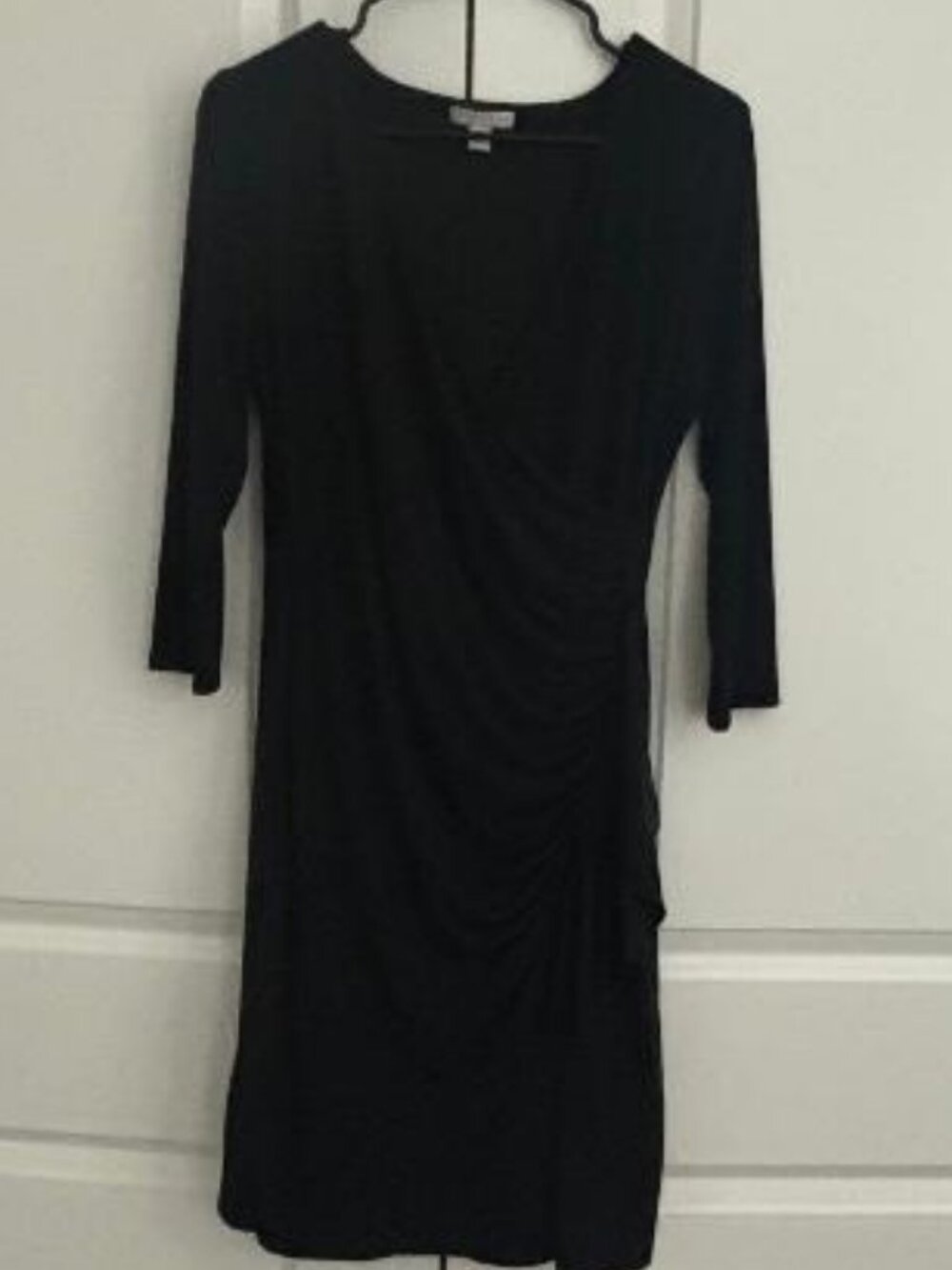 New York & Company Sz M Black Wrap Dress Ruched Draped V Neck